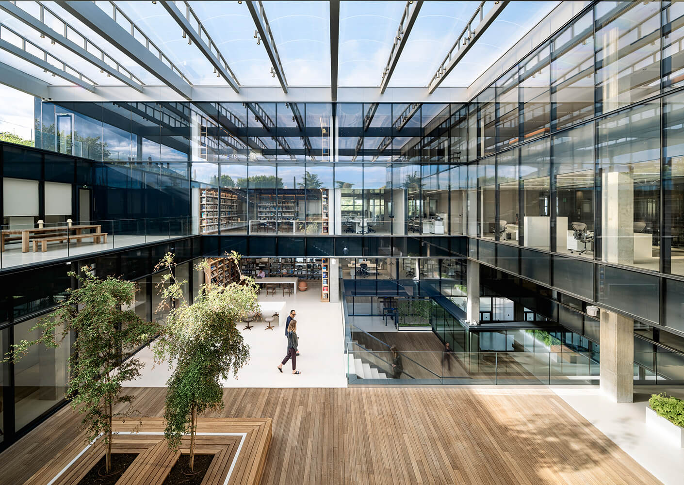 Modern glass office interior with plants and natural light.