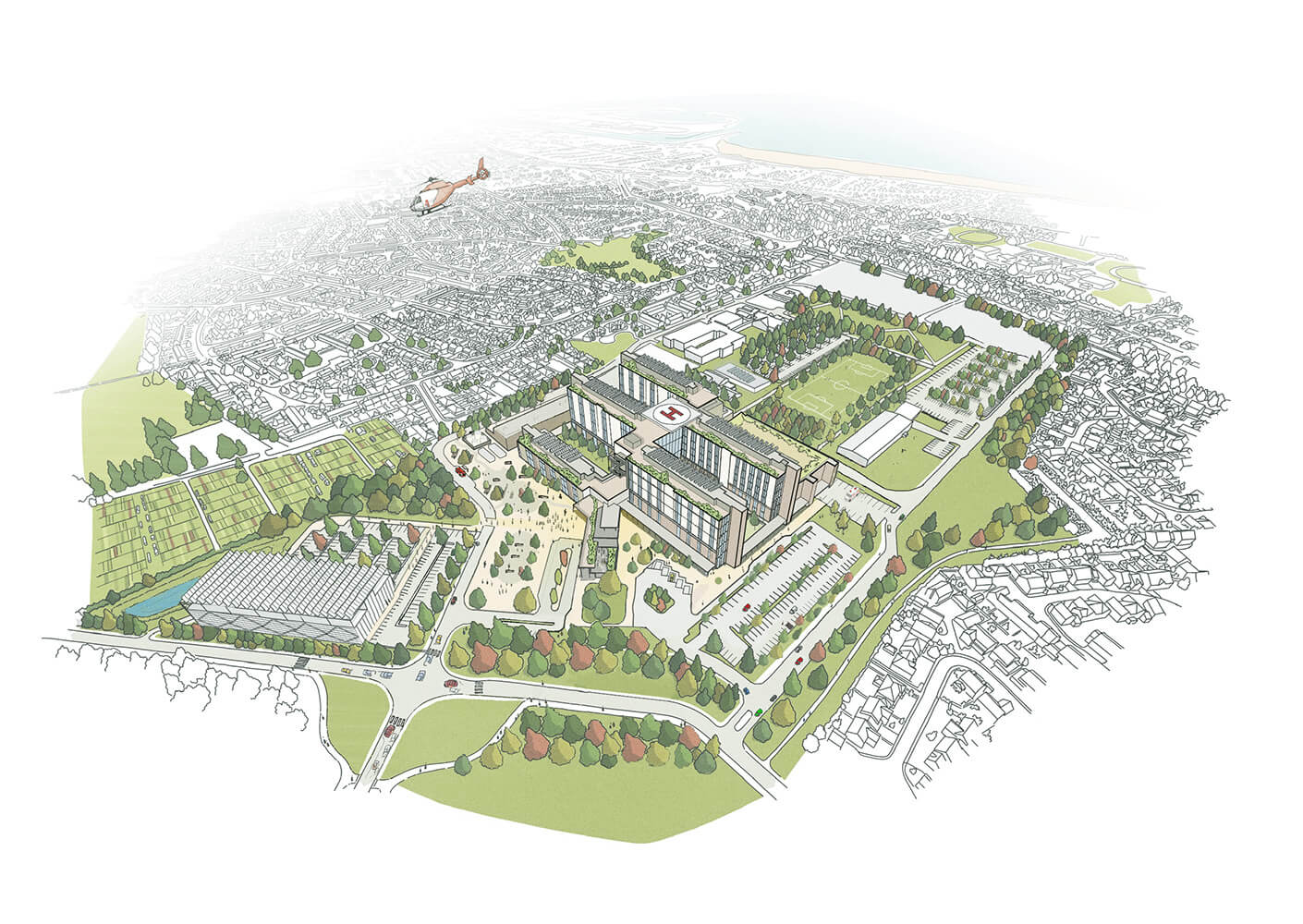 Aerial illustration of a healthcare campus with buildings, green spaces, and surrounding urban areas, featuring parks and sports fields.