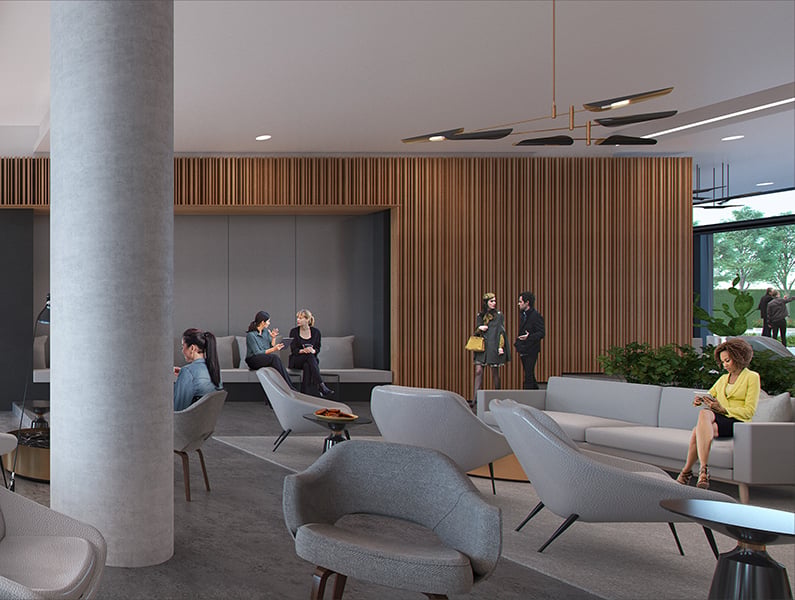 Soft seating in APEX cafe with natural wood wall in background