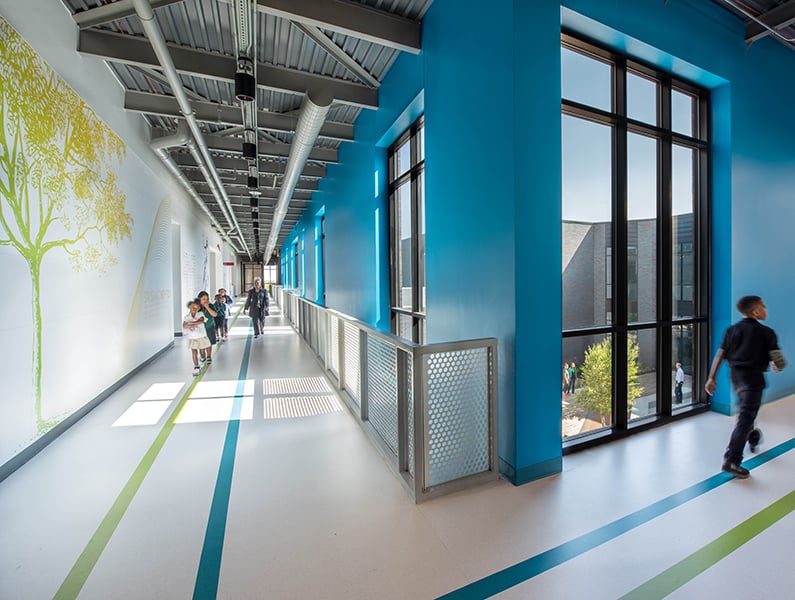 wall graphic & colorful floor pattern in corridor