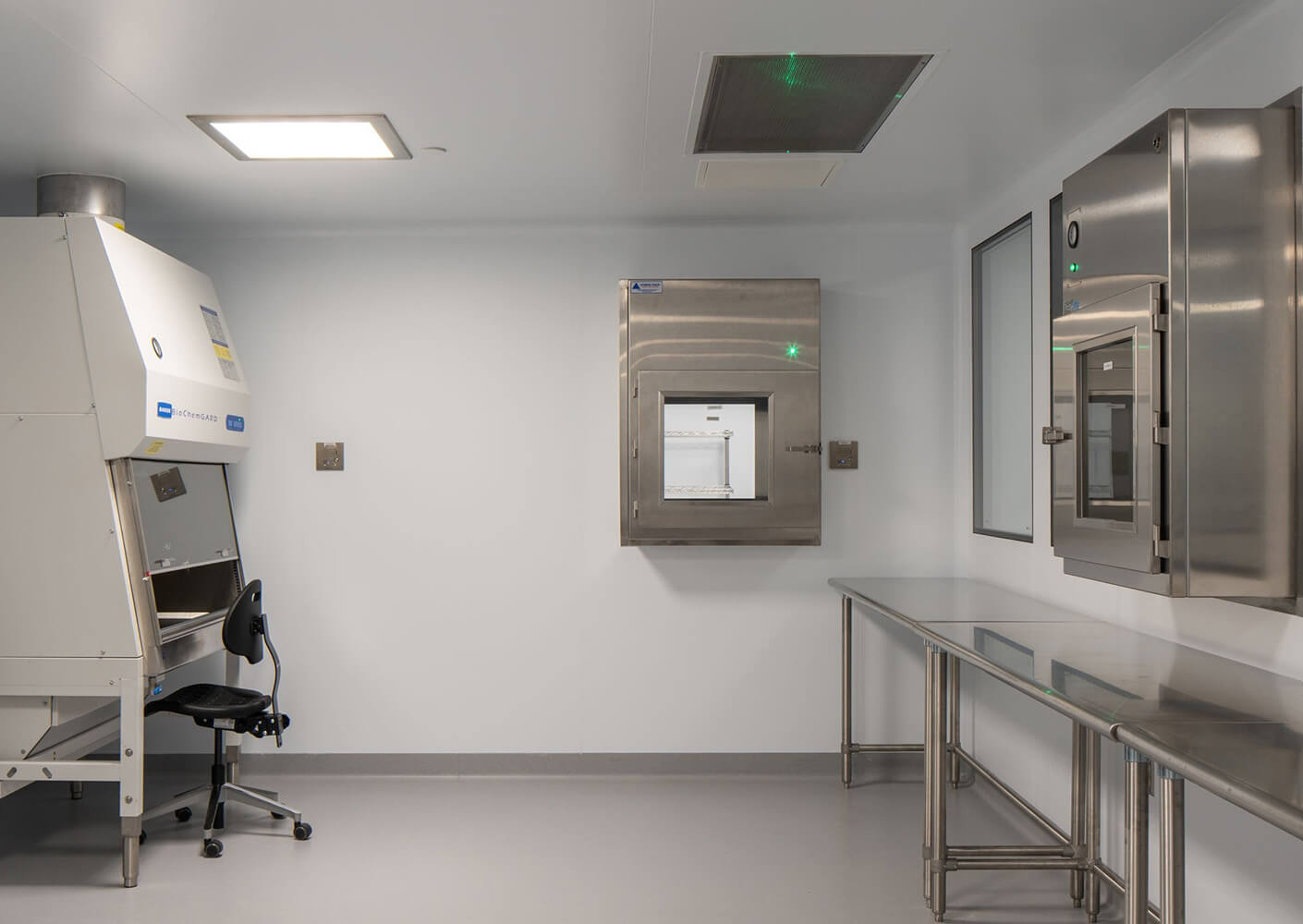 Clean room facility with fume hood and tables