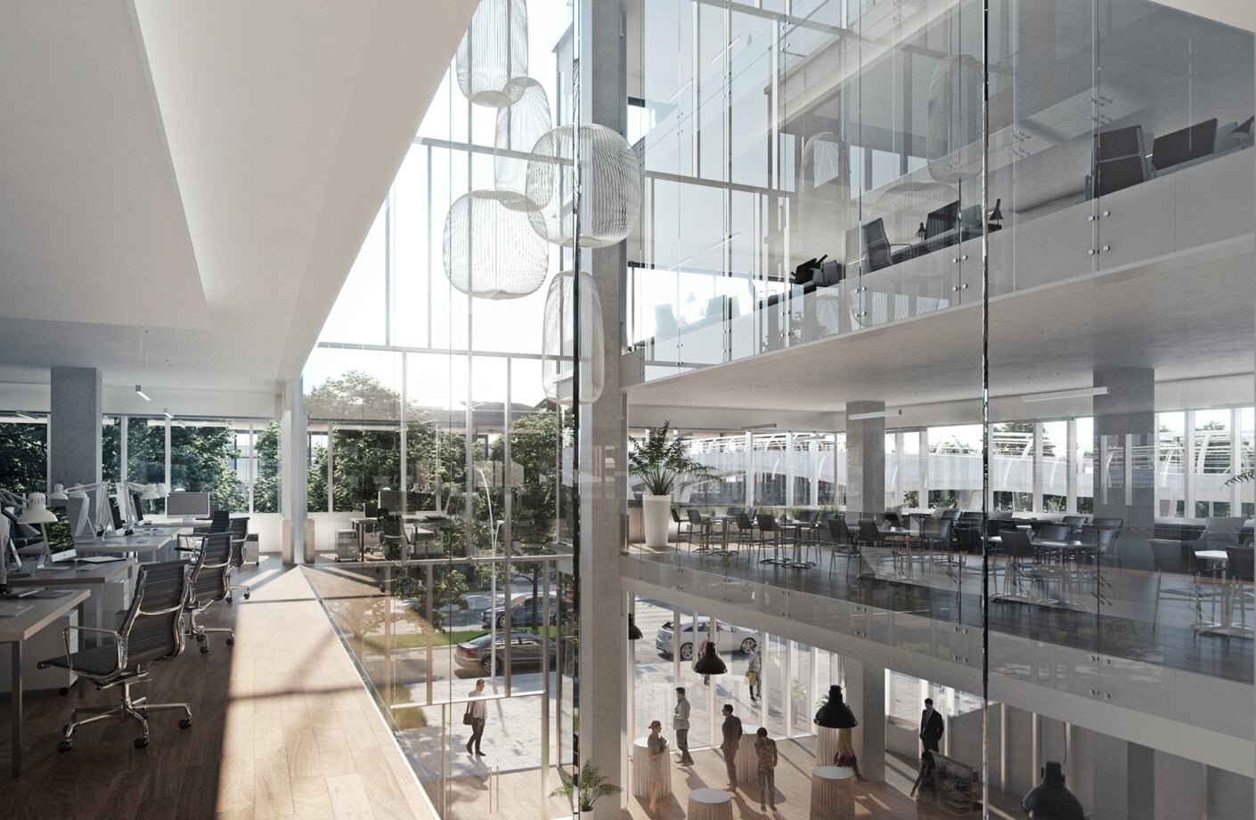 Interior rendering of atrium and offices in 800 Western.