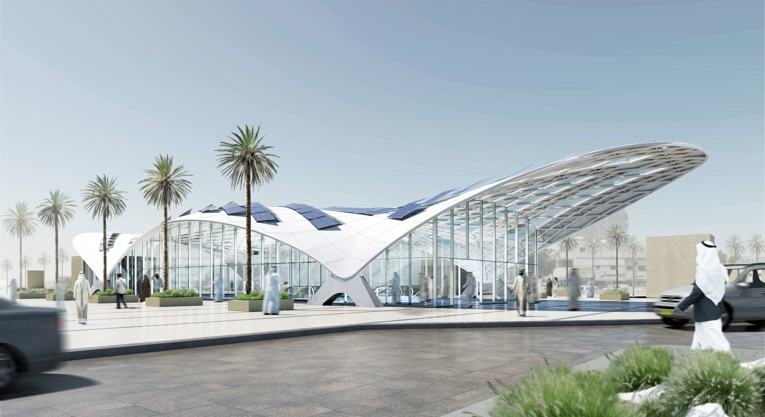 Rendering of prototype metro station showing elegant steel canopy structure.