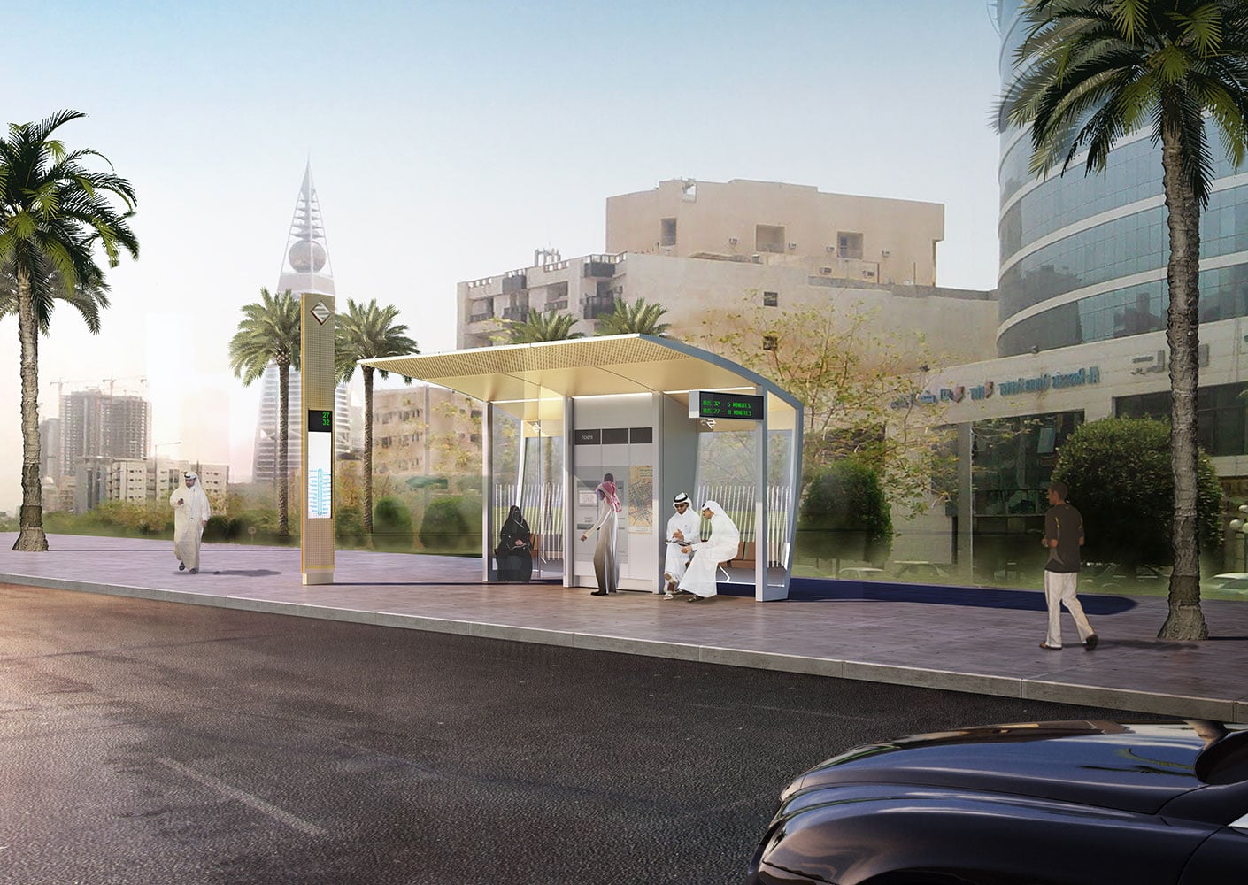 Series of renderings showing different bus stop types, from a single totem to a large stop featuring a conditioned seating area.