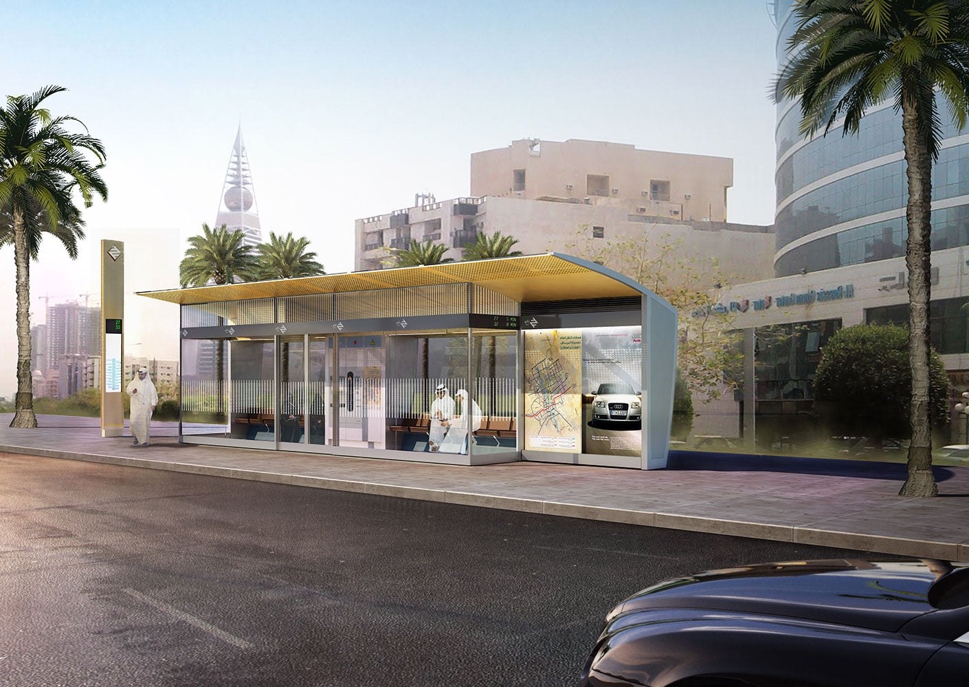 Series of renderings showing different bus stop types, from a single totem to a large stop featuring a conditioned seating area.