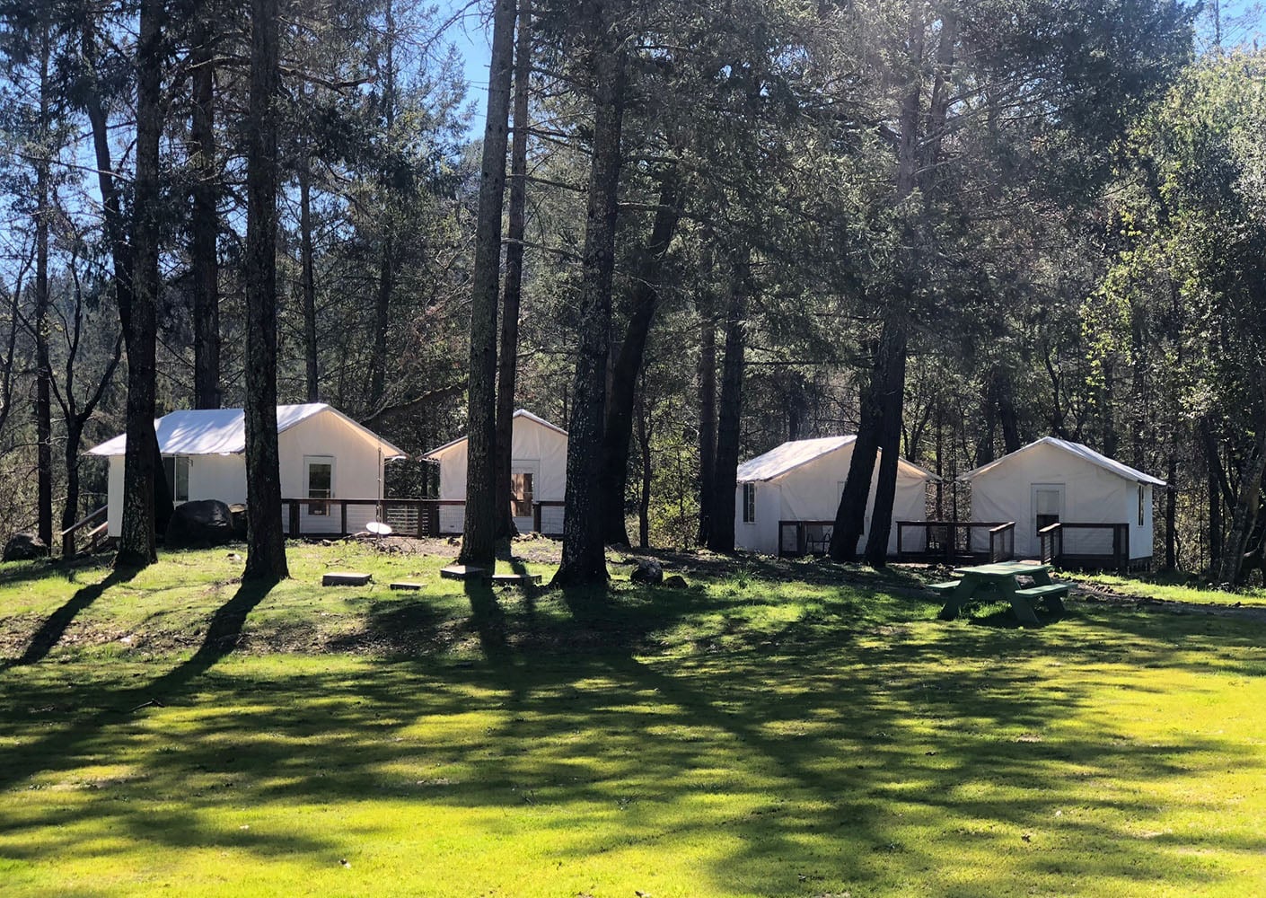 The bungalows sit in a grove of trees with a wide green lawn