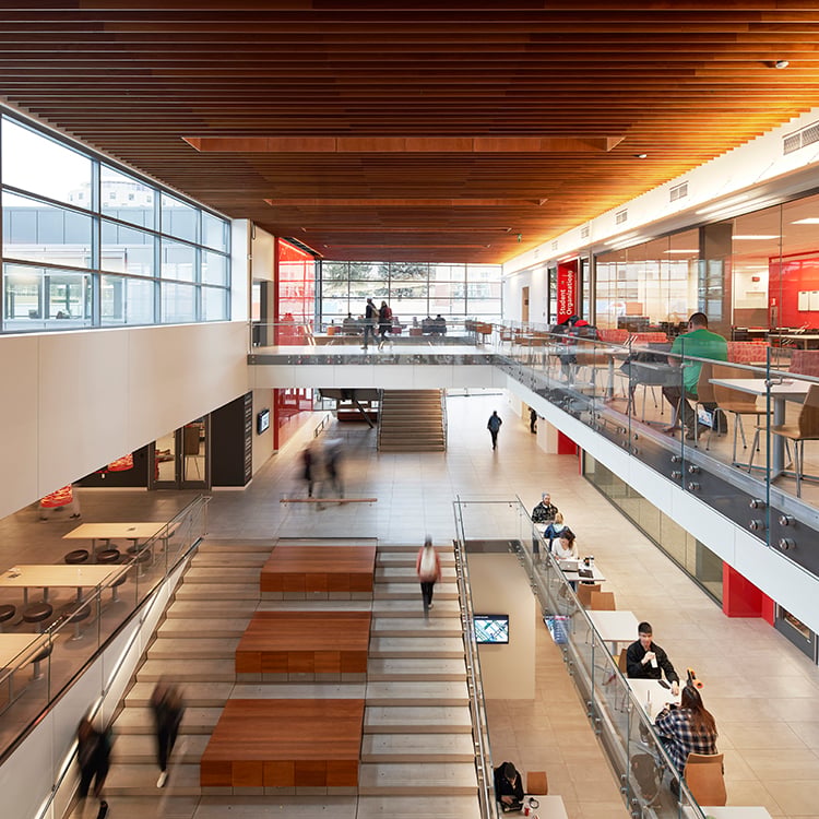 Main atrium of Pence Union building with view to all three floors