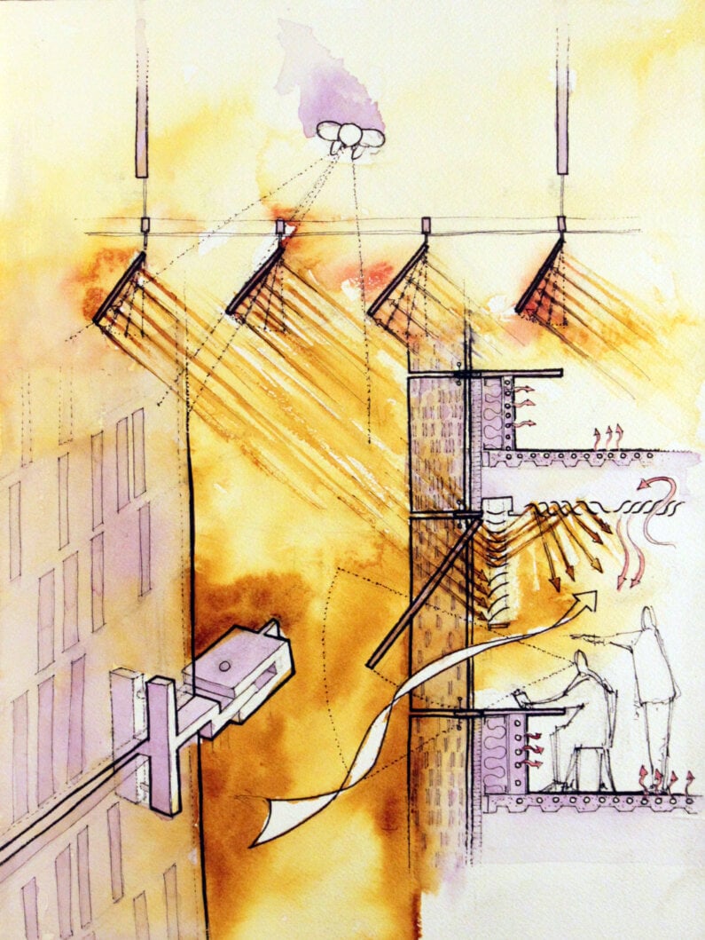Water color sketch of solar fins on the life sciences building