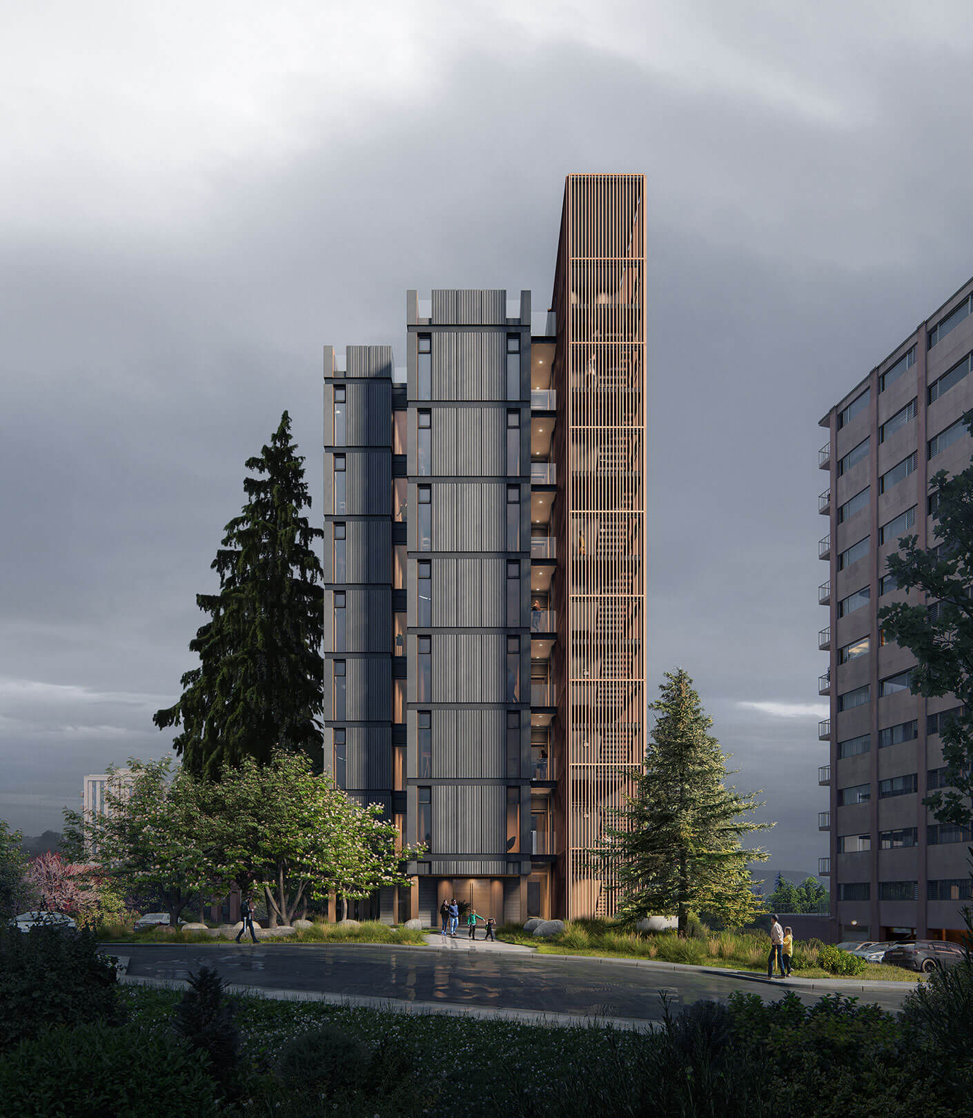 Rendering of the Bellevue building entry from north showing three bar configuration of the massing.
