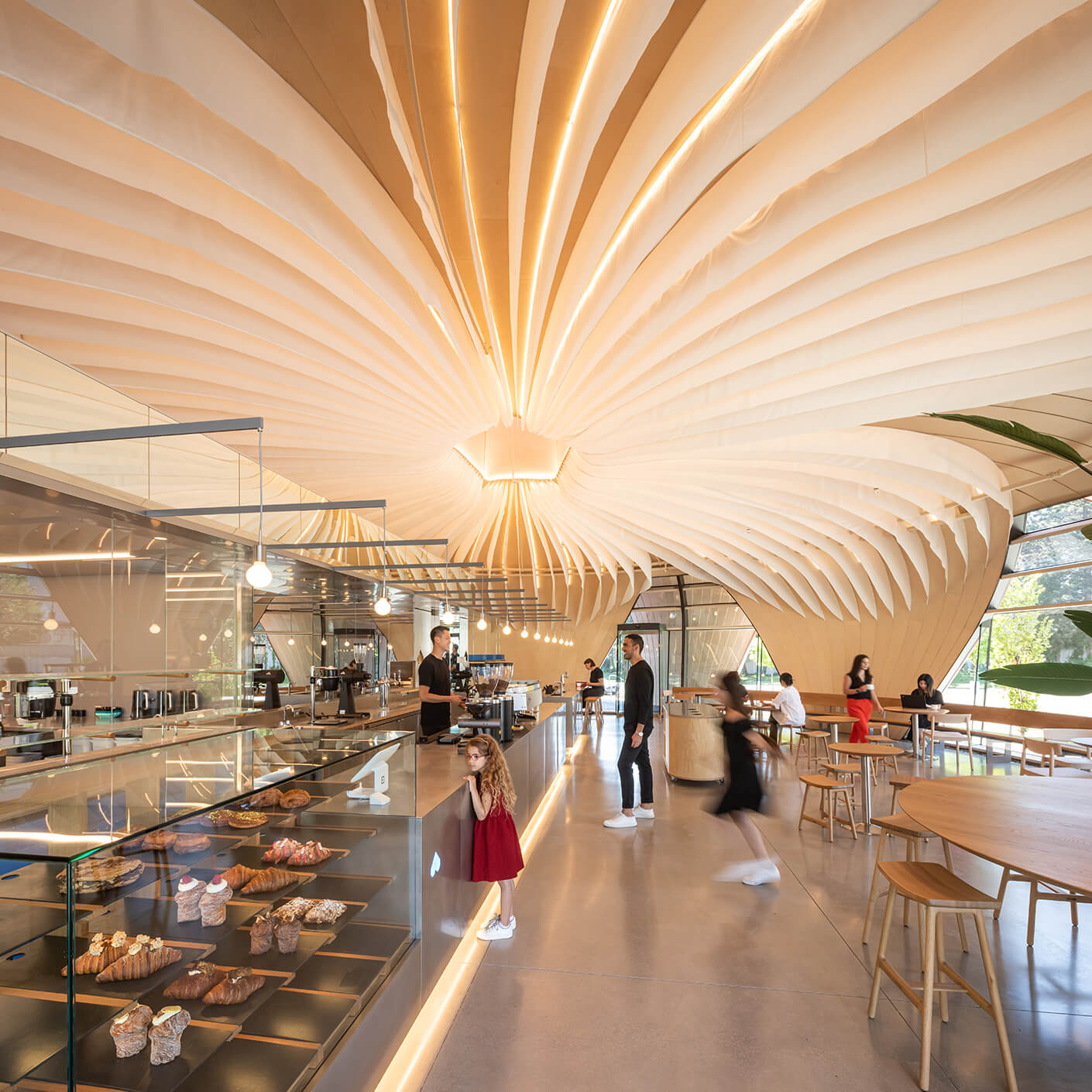 Interior of a café featuring a sculptural ceiling with layered design and integrated lighting, harmonizing with open space and natural materials.