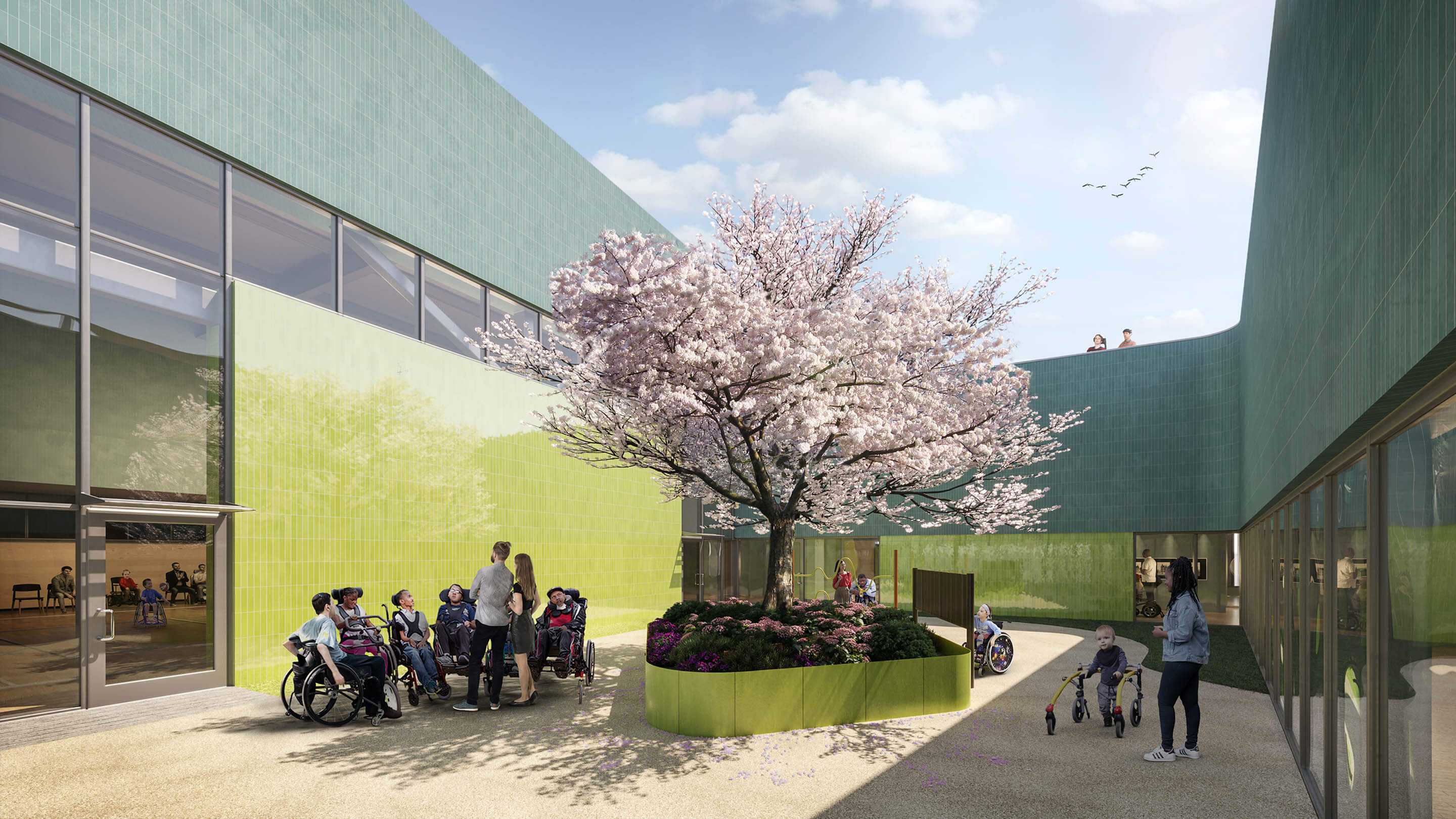 Photo of students in wheelchairs in school courtyard.