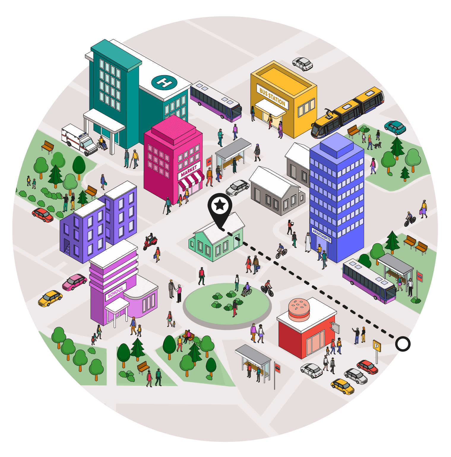Line drawing showing the importance of walkability in cities and towns.