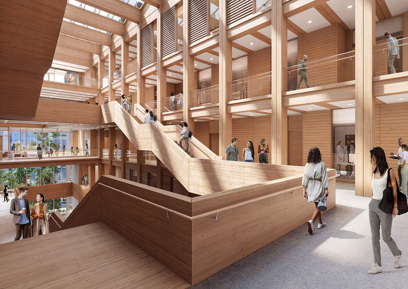A view of the circulation stairway from Level 4 in the atrium of UBC Gateway.