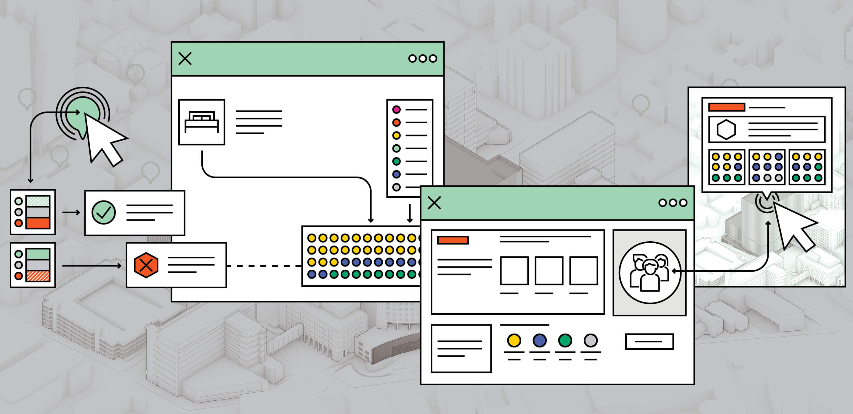 Stylized illustration of software that helps hospital administrators track availability of beds, staff, and other resources