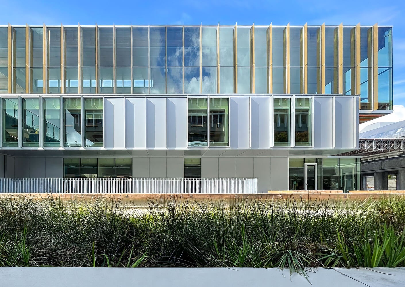 Photograph of the east elevation of the SUB building showing rhythmic facade elements that speak to the architecture of the campus.