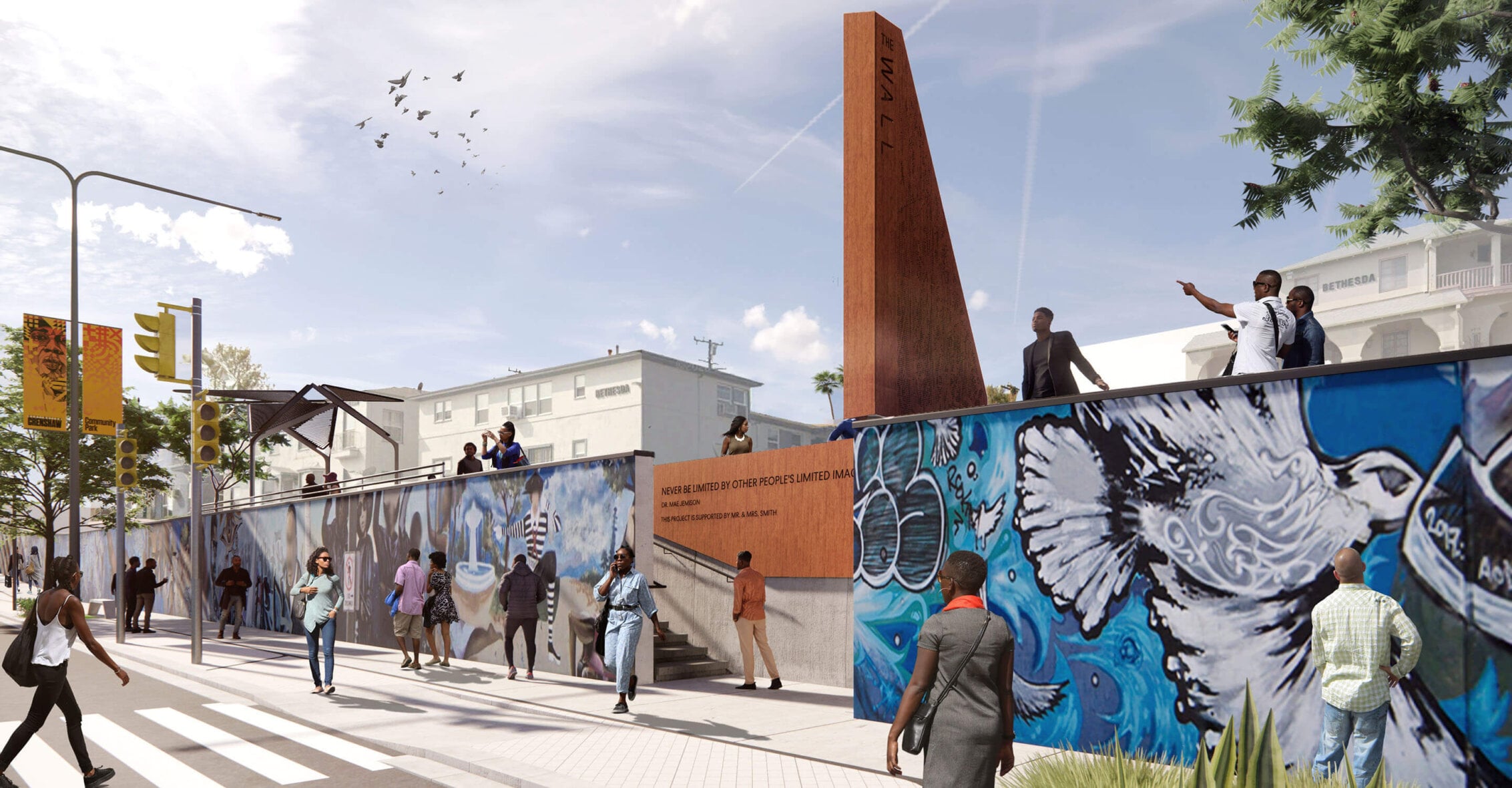 Architect's rendering of outdoor walkway that's part of Destination Crenshaw in Los Angeles