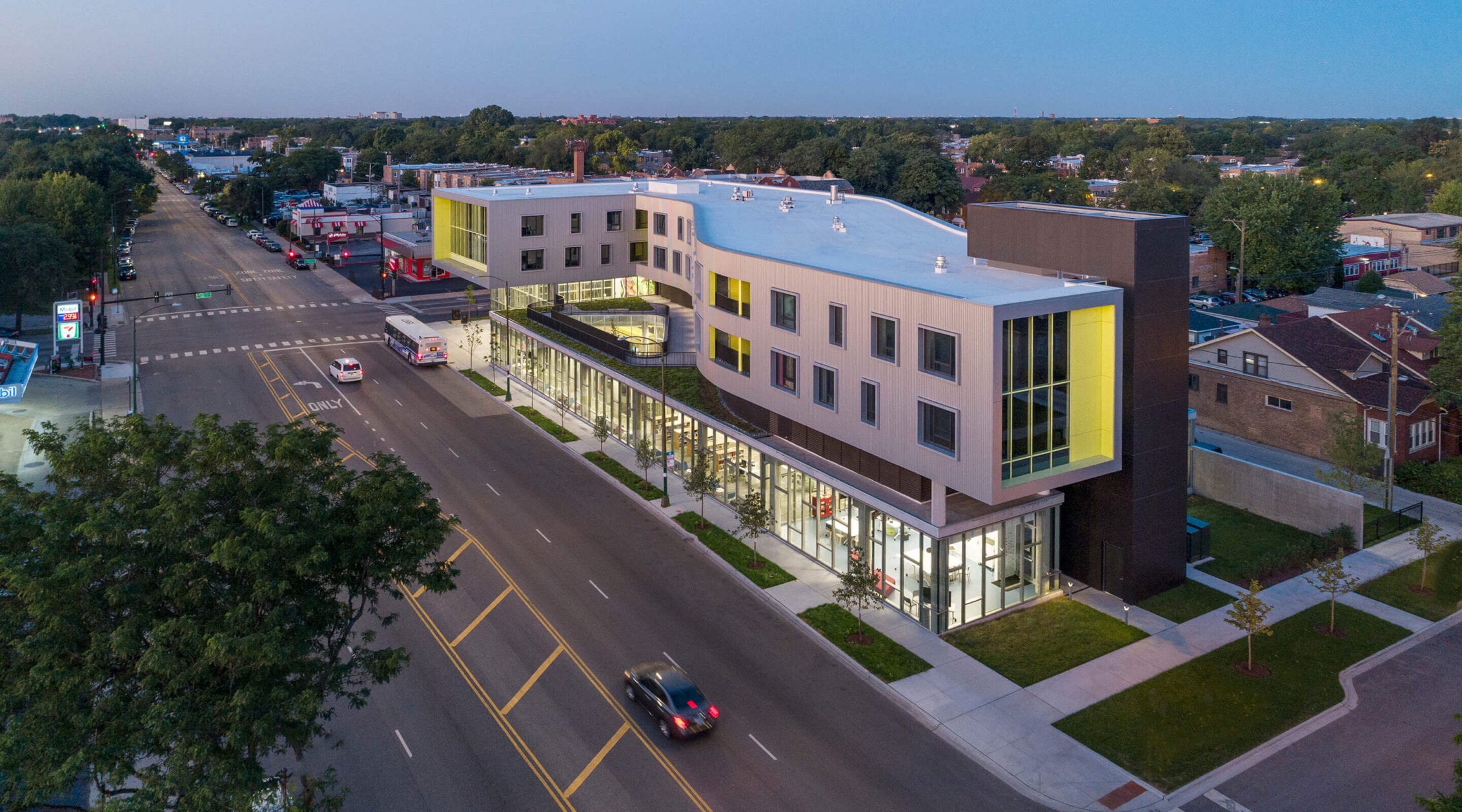 Photo showing affordable apartments located above a public library in Chicago