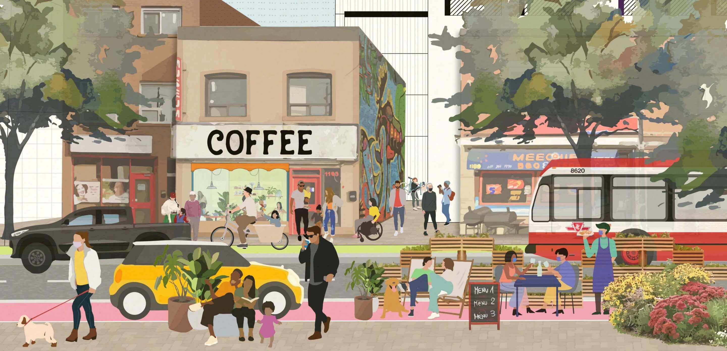 Painting of a thriving, pedestrian-friendly urban landscape with multiple transit options