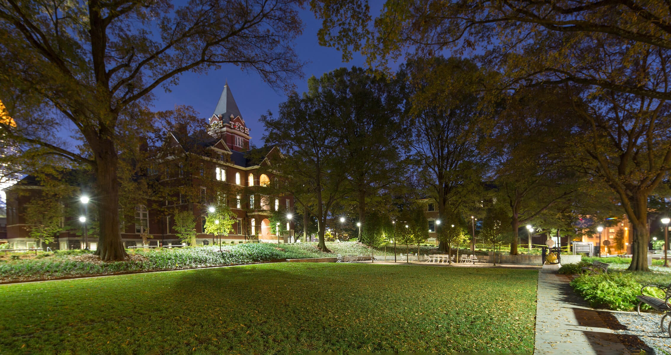 Harrison Square lit up at night