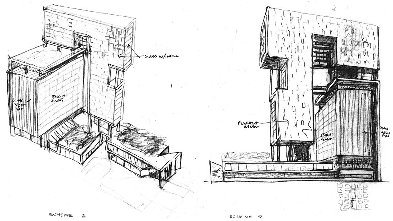 Two black and white sketches of scheme options for the King Abdullah Financial District, Parcel 4.10 Development in Riyadh, Saudi Arabia
