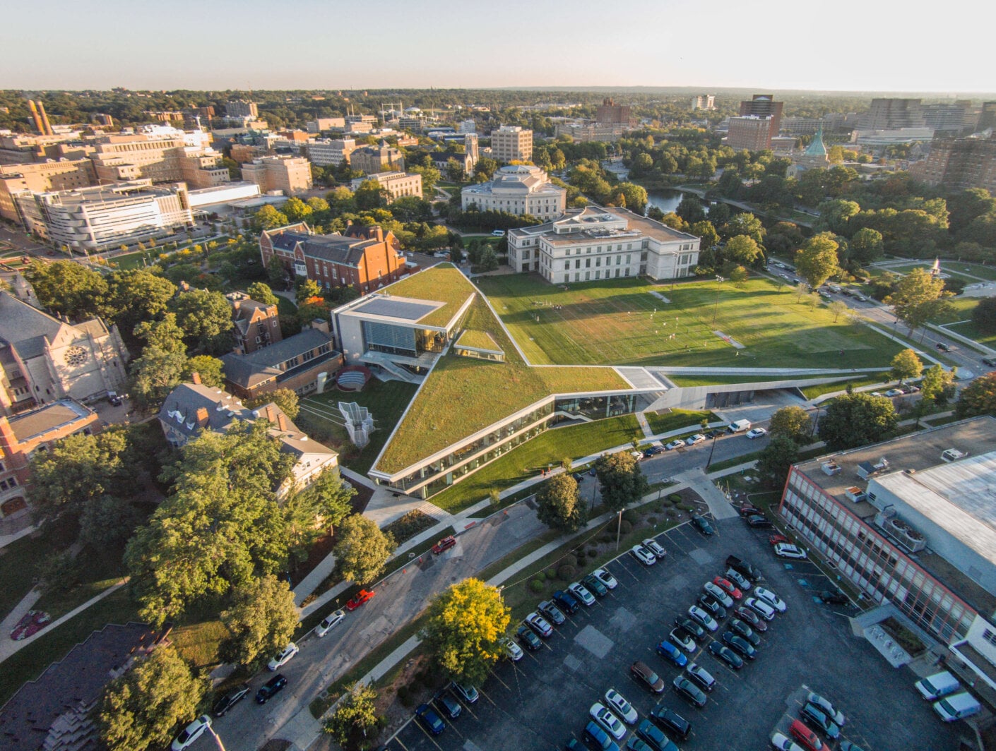 Aerial view of green roof and integration of white building into the Case Western campus site