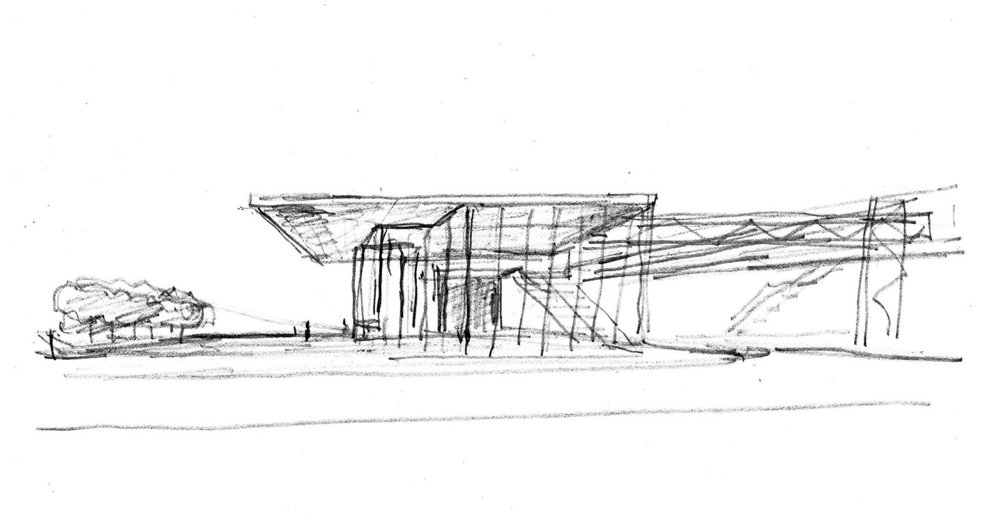 Black and white ink sketch, Damen Green Line CTA Station