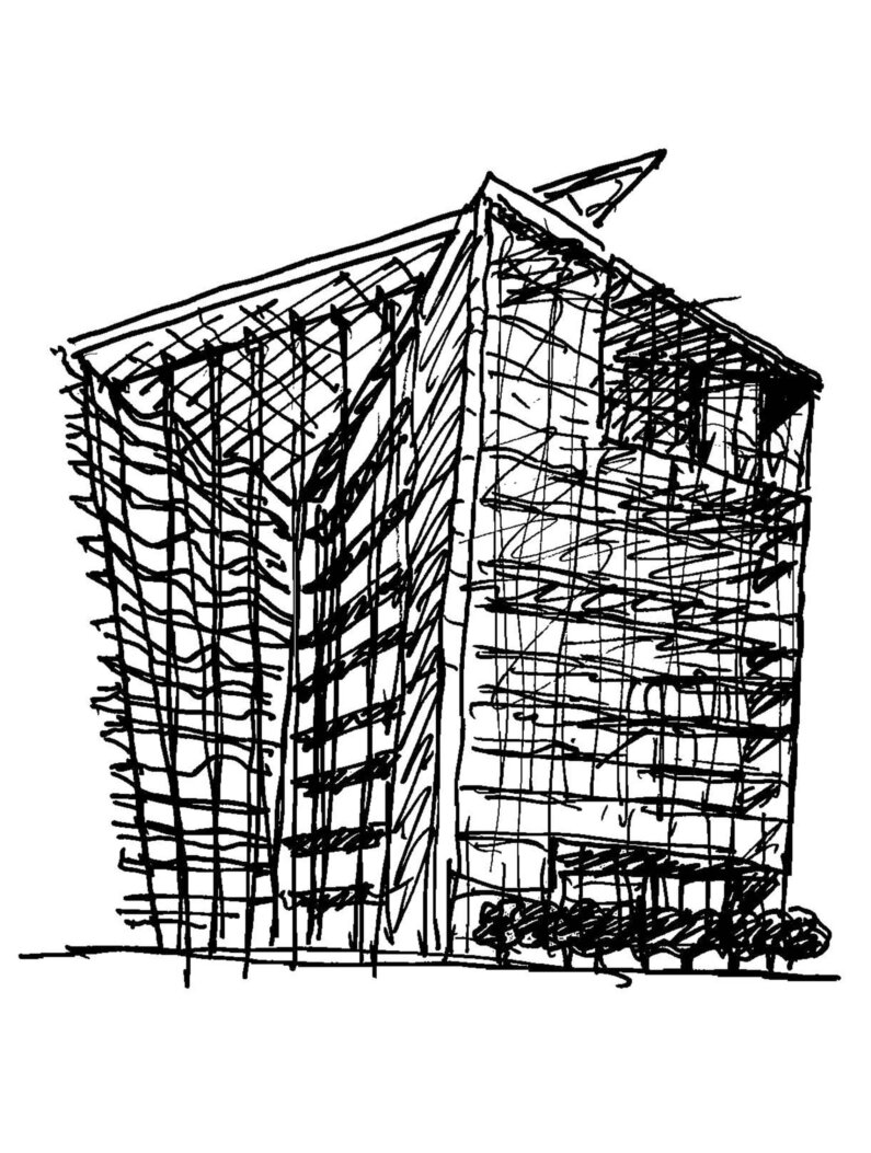 Black and white elevation sketch of the unbuilt Federal Courthouse in LA