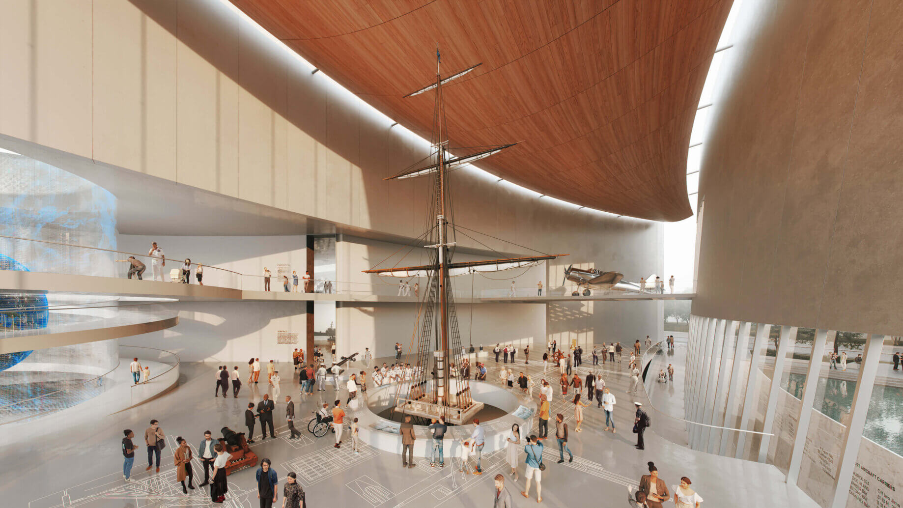The museum’s atrium recalls the engineering ingenuity of the hull of a ship.