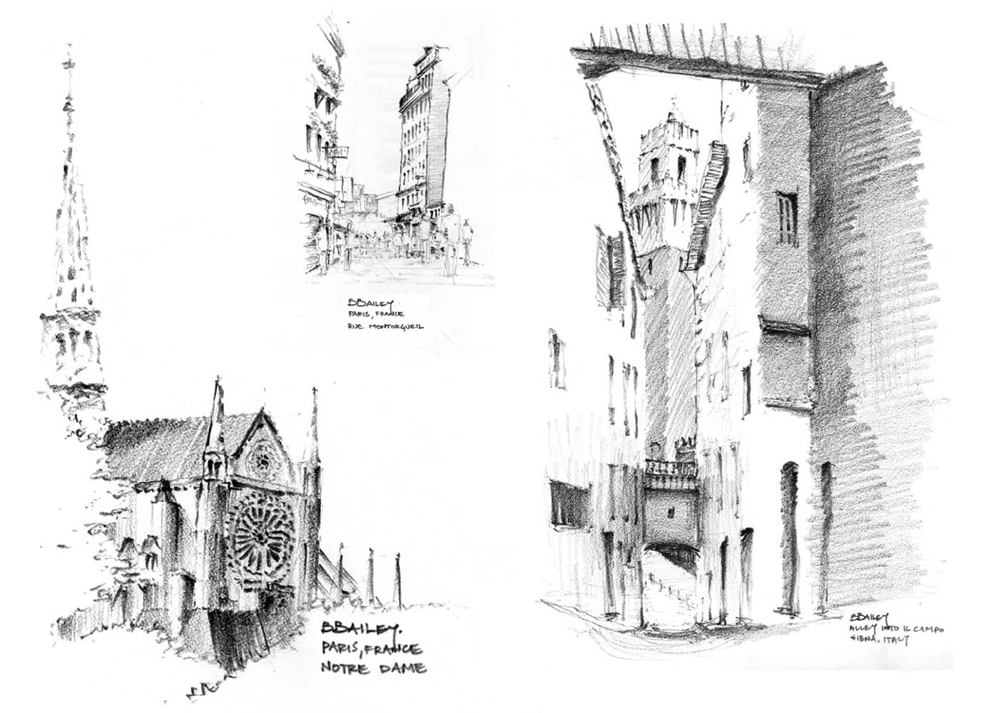sketches of buildings in France and Italy by Brad Bailey