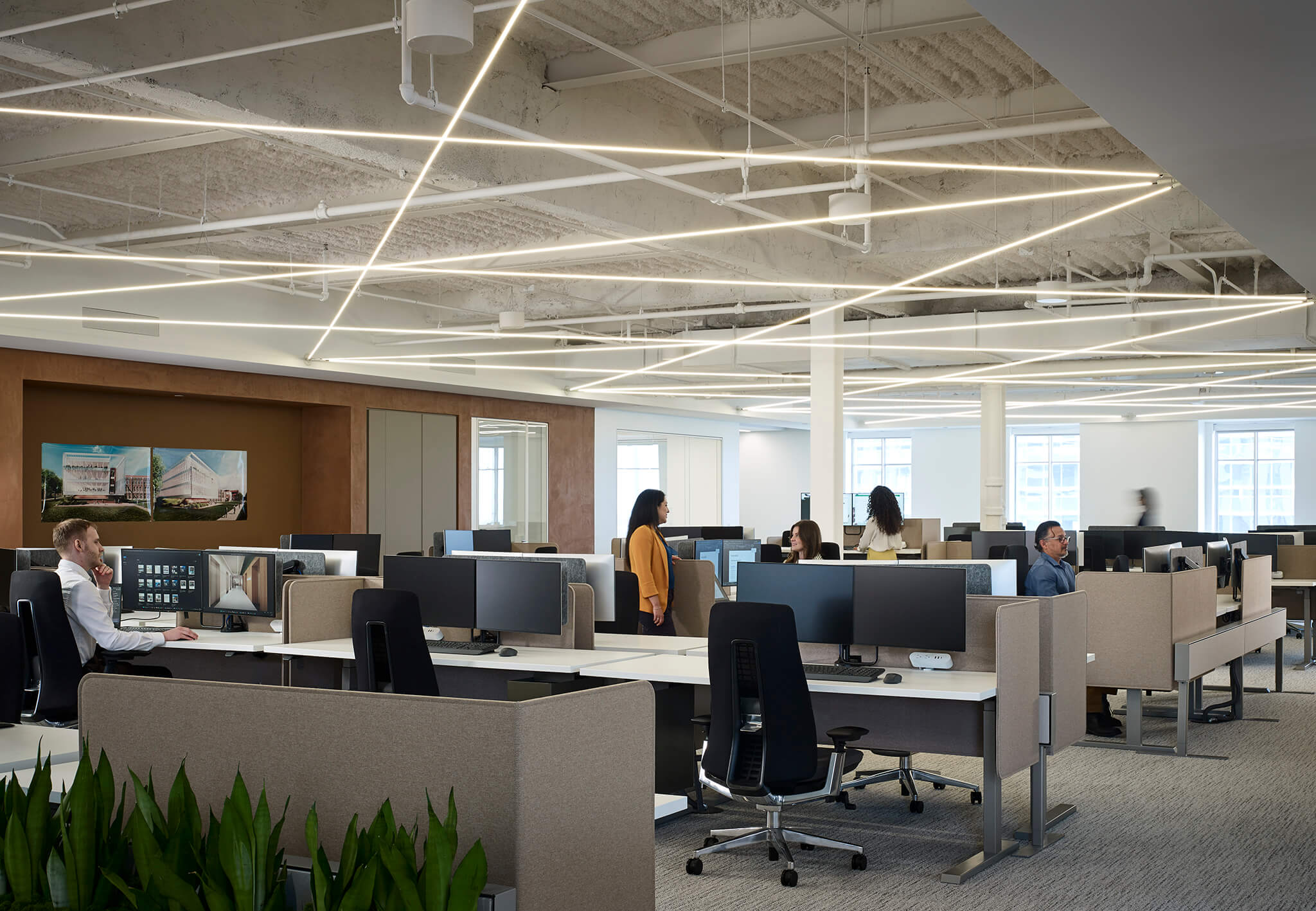 A workspace with desks.