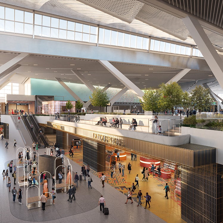 aerial render of an airport concourse