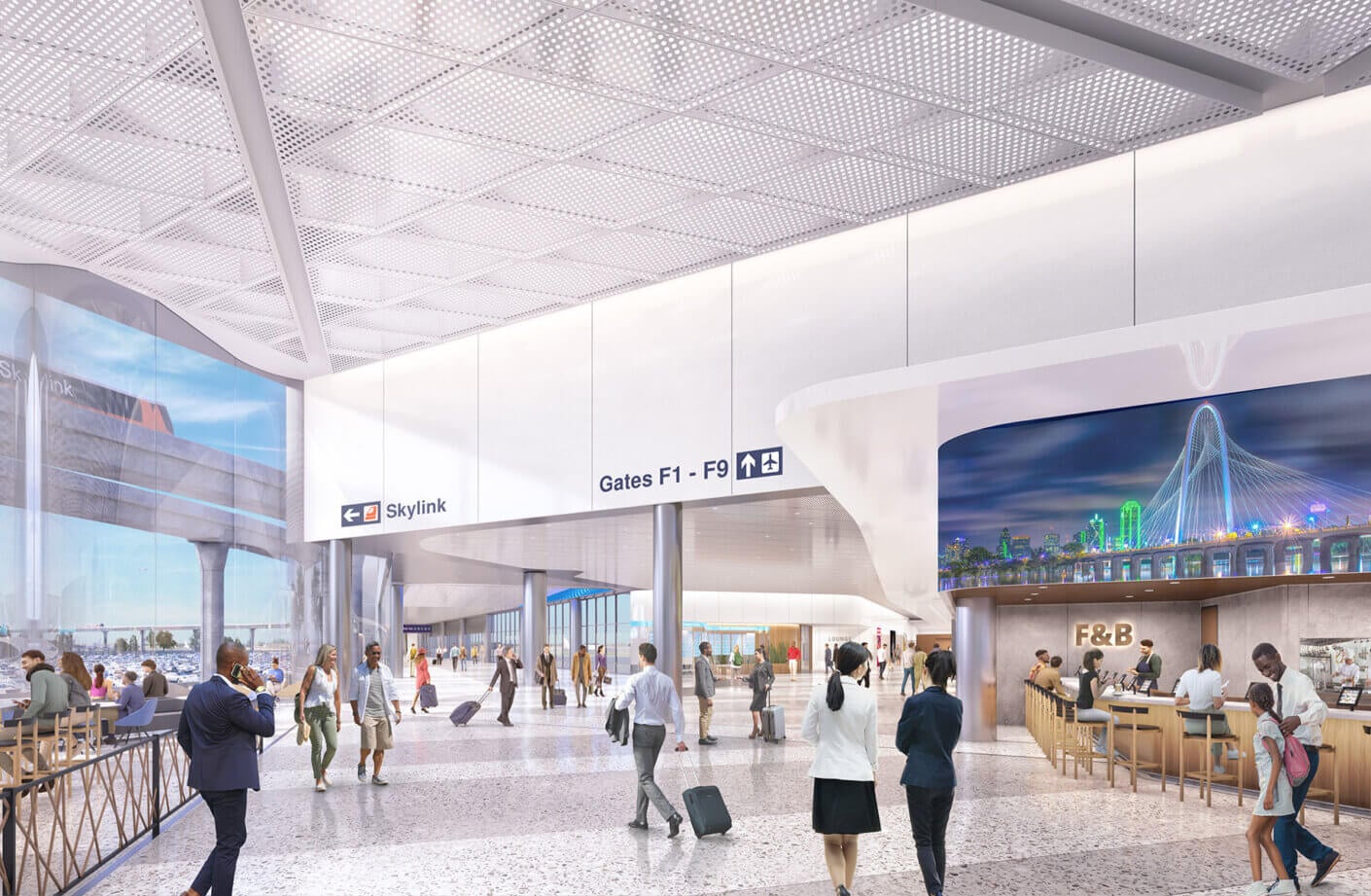 Rendering of the brightly lit concourse entrance, with expansive views and large digital displays by a variety of airport dining options