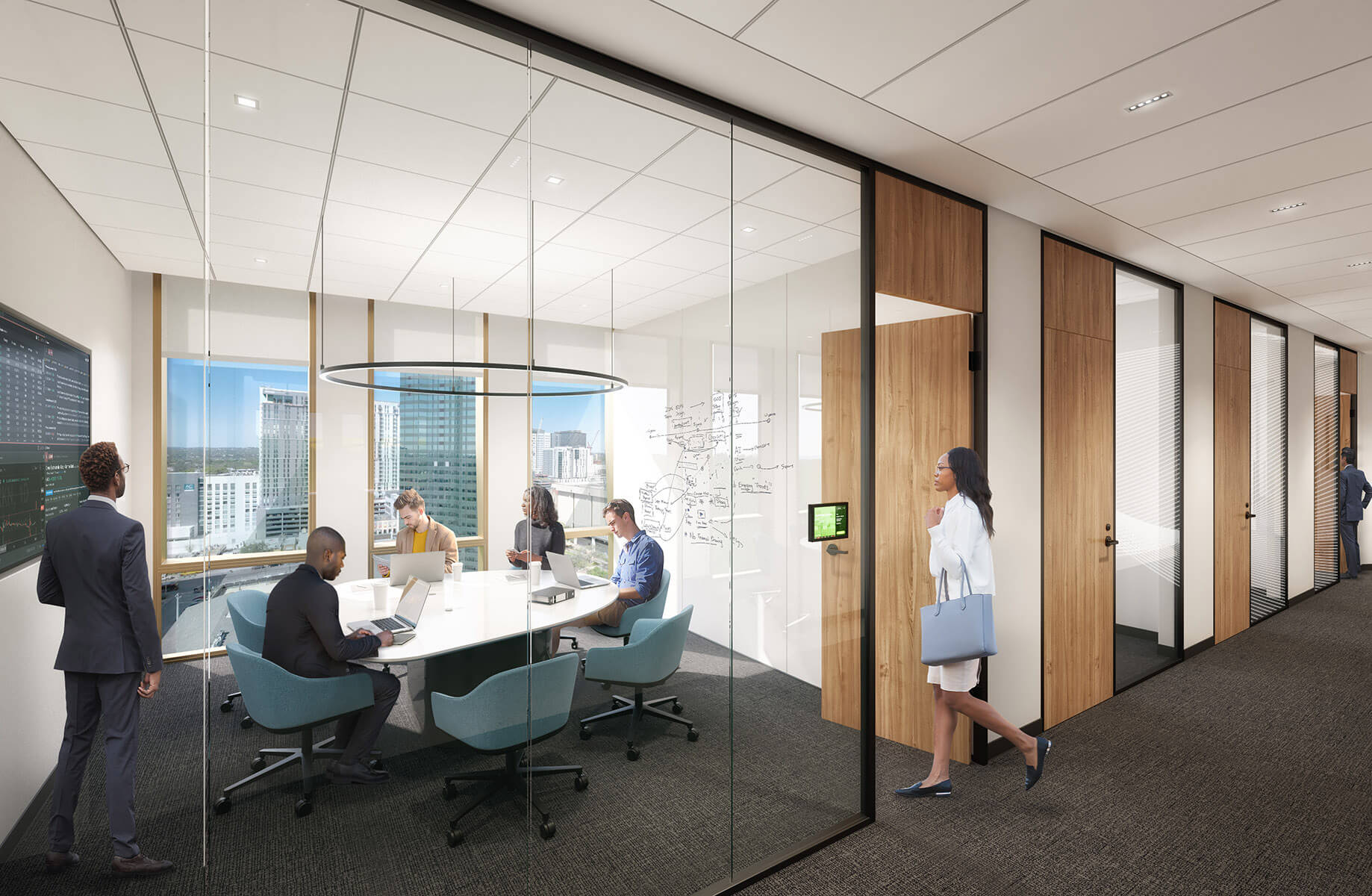 A rendering of students entering a conference room with a digital display, a floor-to-ceiling white board, and floor-to-ceiling glass on the hallway and exterior sides