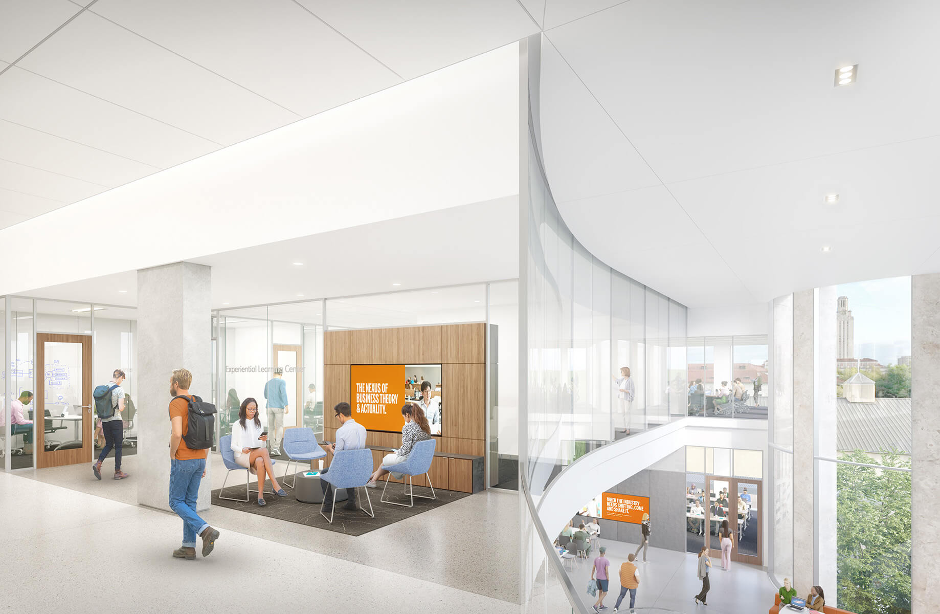 A rendering of students in a bright row of rooms with floor to ceiling glass and views to the outdoors