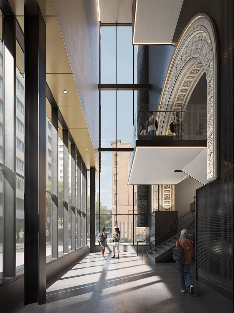 Interior view of a spacious lobby with a historic arch and large windows, showcasing architectural details and people engaging in conversation and movement.