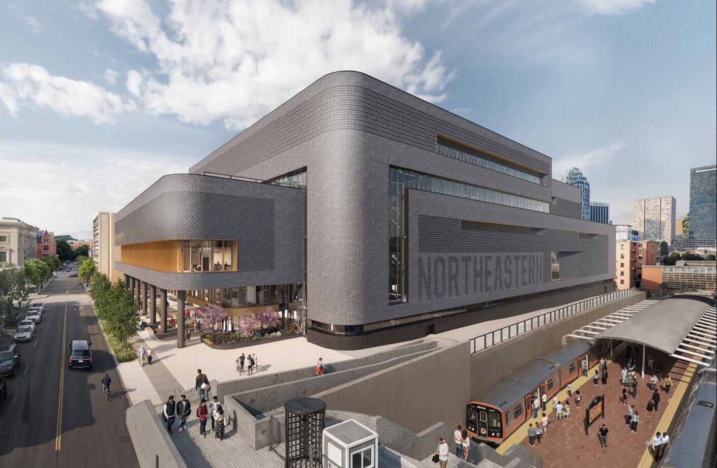 Architectural rendering of the Northeastern University multipurpose athletic facility, showcasing its design and urban surroundings with pedestrians and transit access.