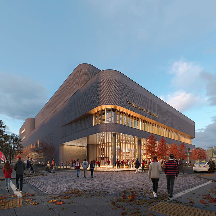 Rendering of new multipurpose facility at Northeastern University with a large glass entryway, surrounded by trees and pedestrians during autumn.