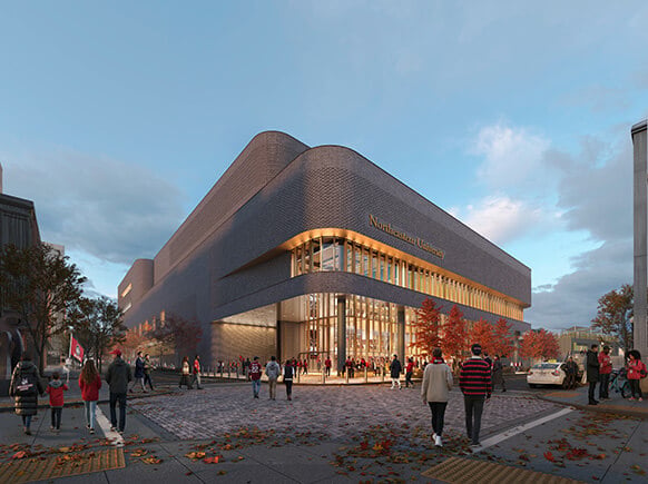 Rendering of new multipurpose facility at Northeastern University with a large glass entryway, surrounded by trees and pedestrians during autumn.