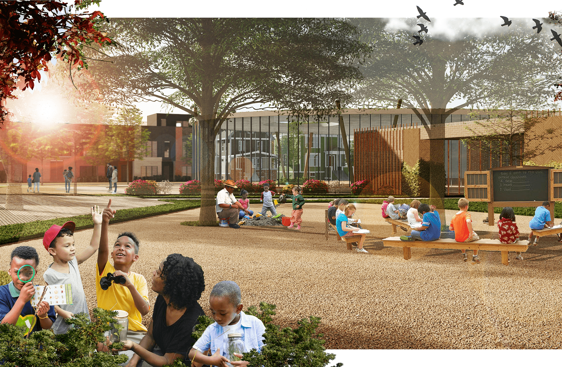 Rendering of kids playing outside of a school
