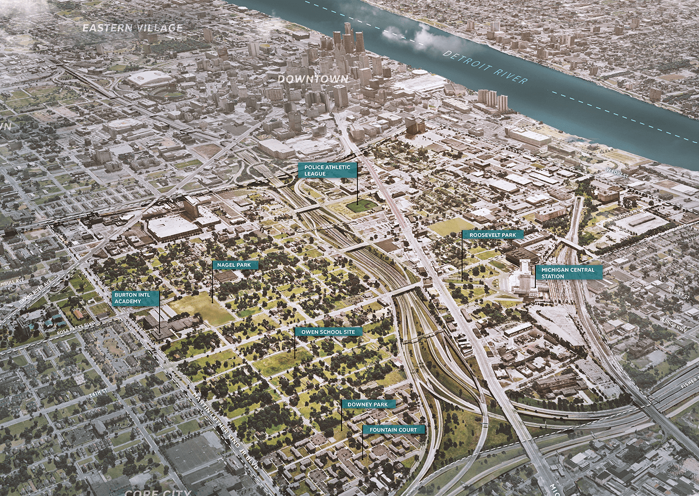 Before rendering aerial view of corktown