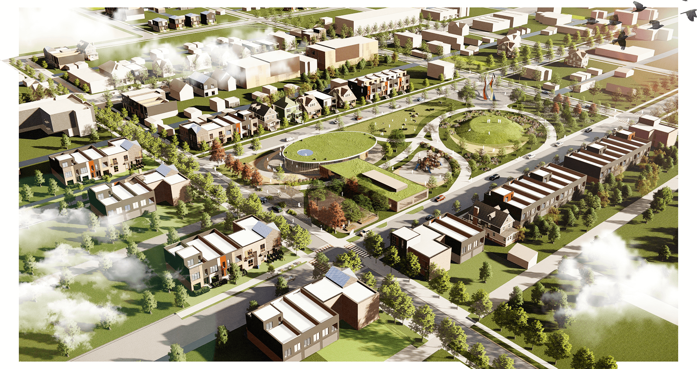 aerial rendering of school and affordable housing