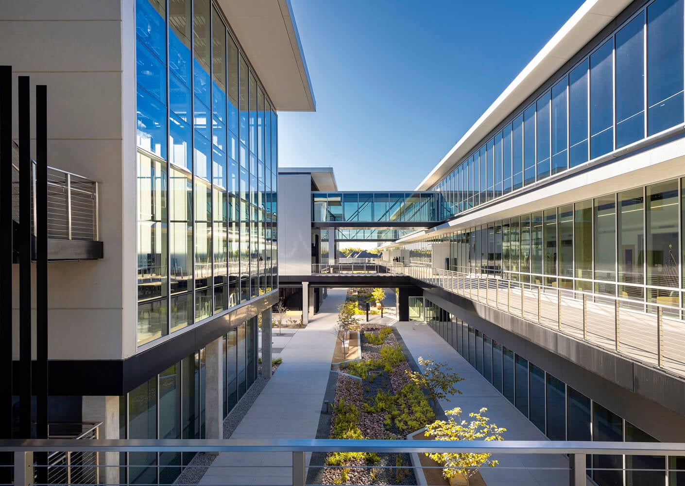 A glass exterior and elevated passageways show a transparent and interconnected design