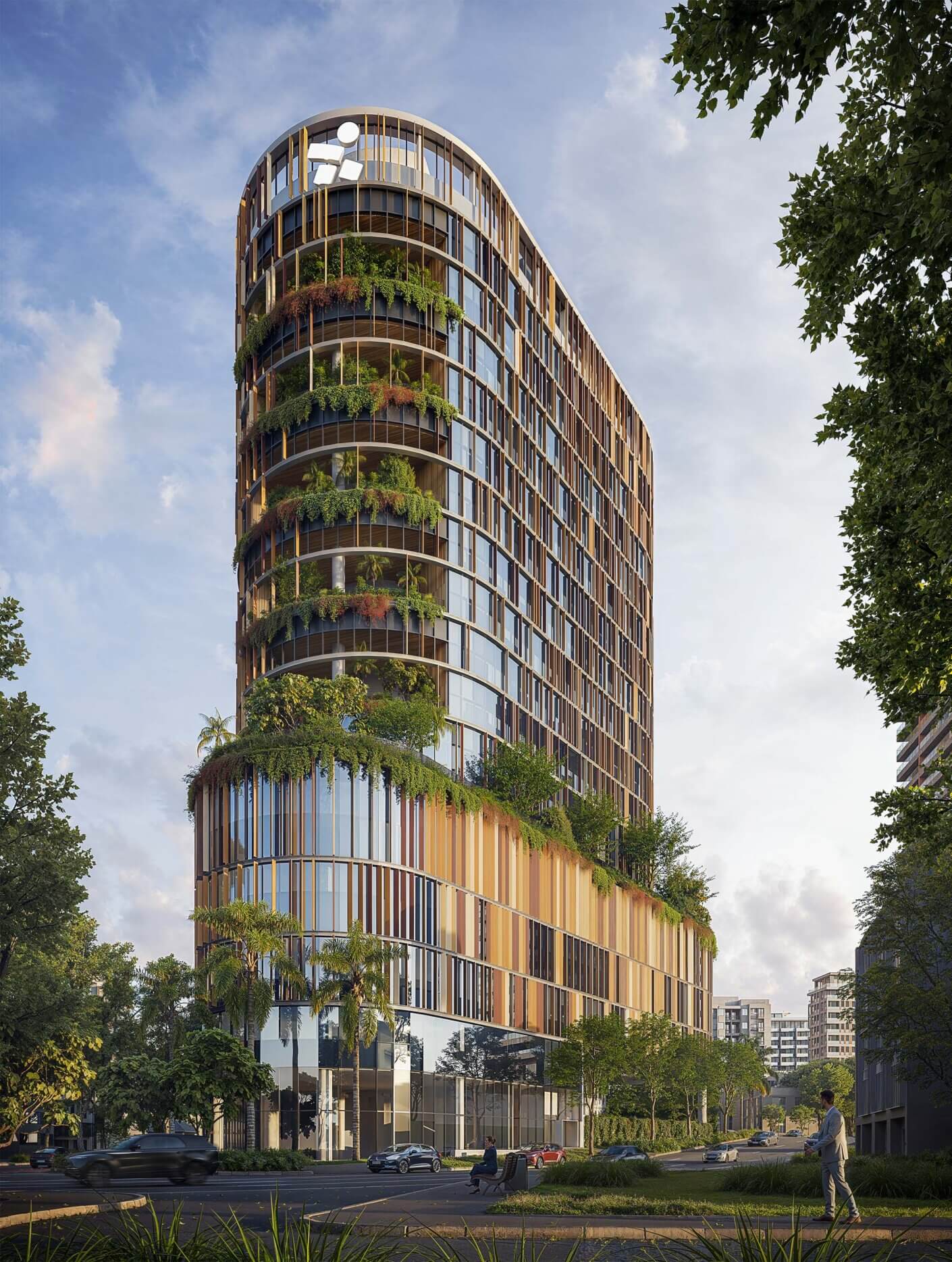 Render of a modern high-rise building with vertical gardens against a clear sky, surrounded by trees and urban landscape.