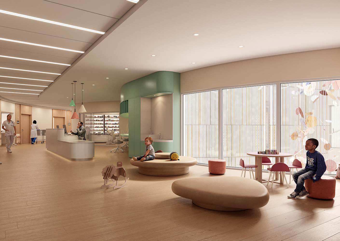 Children's hospital waiting area with play space and modern decor, bright windows, and staff in background.