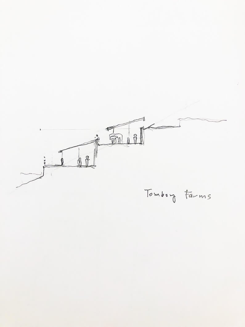 Sketch of a tiered structure labeled Tomboy Farms with figures, showcasing minimalist architectural design.