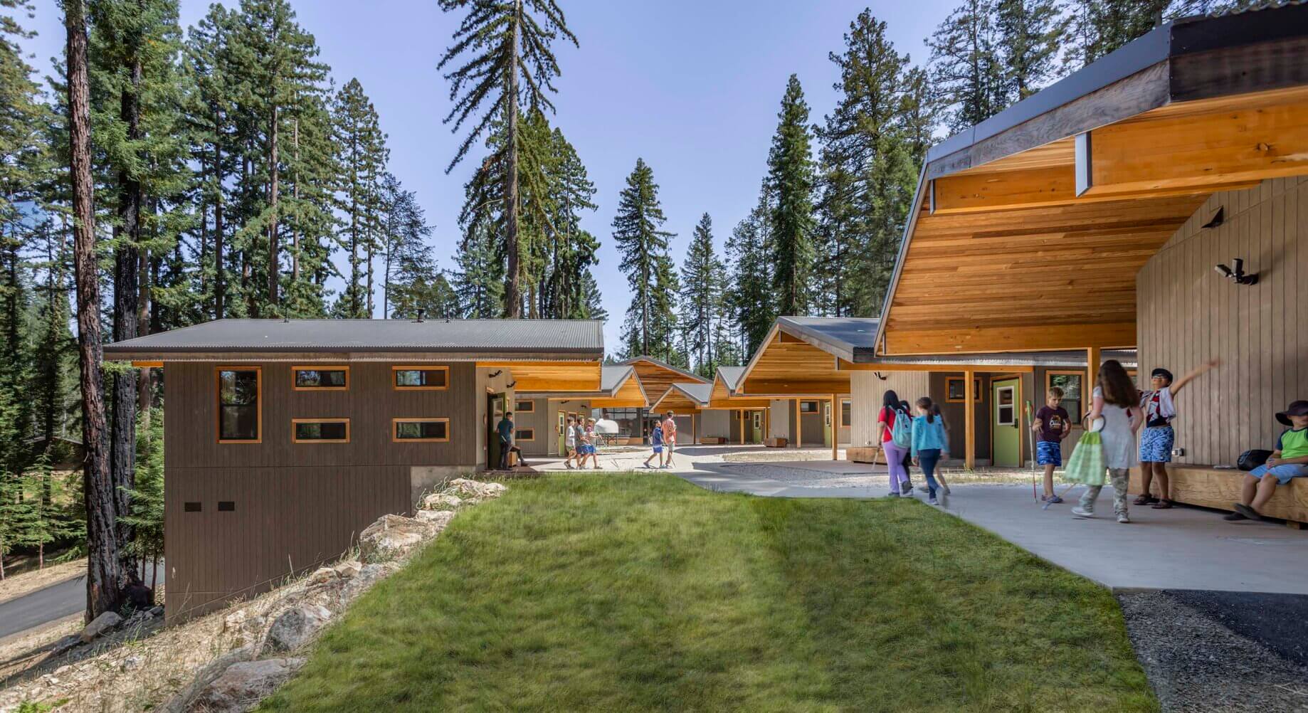 Modern cabins in forest setting with people walking around.