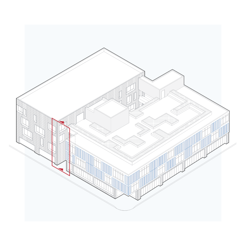 Isometric architectural drawing with highlighted building section.
