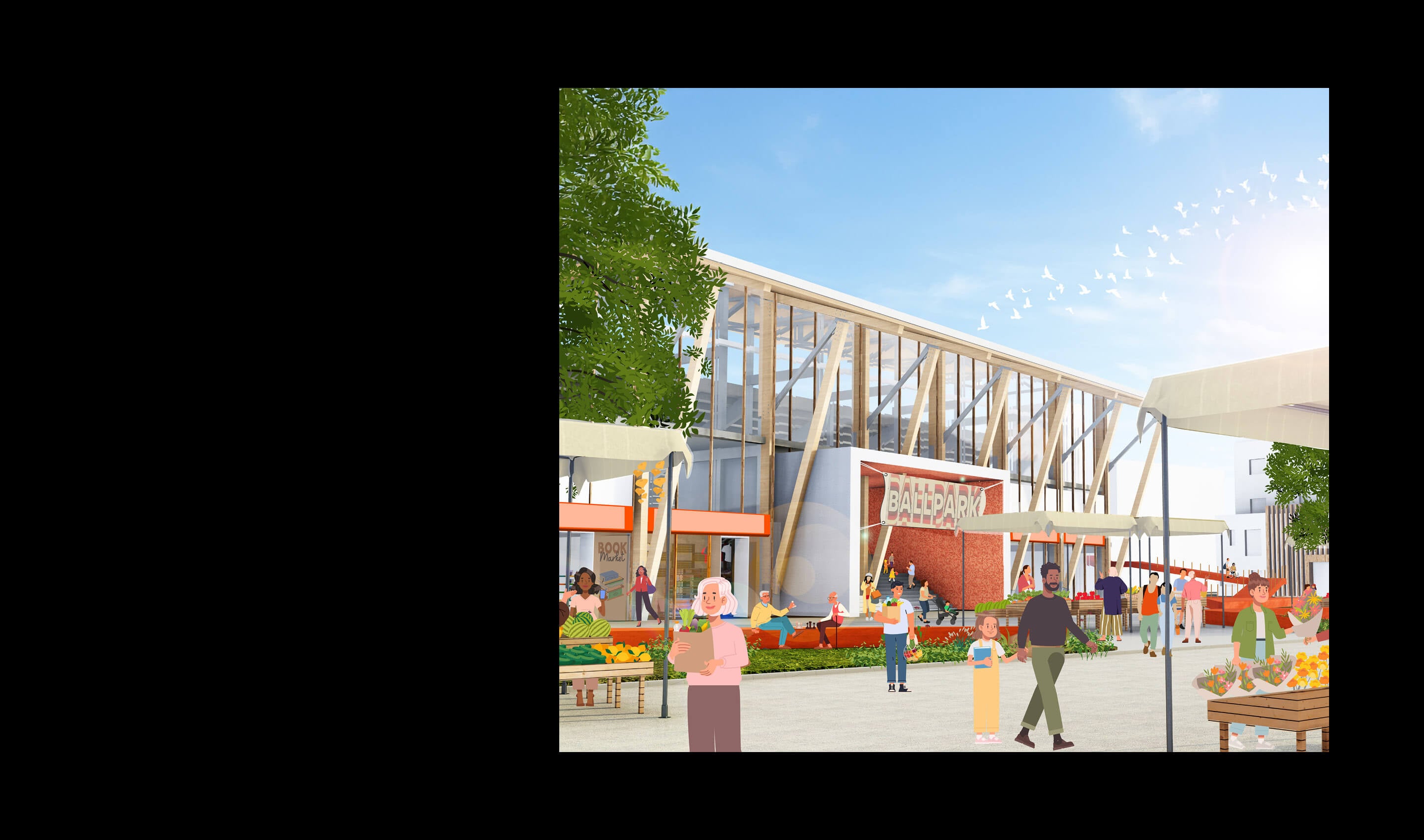 Outdoor market scene with people shopping, modern building, and trees against a clear blue sky.