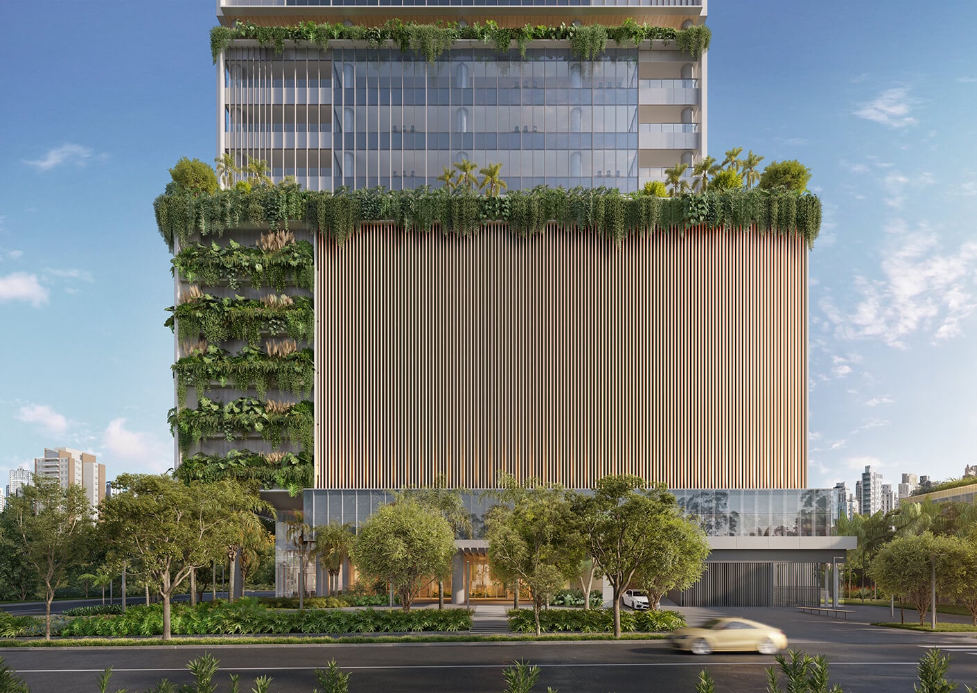 Sustainable building with vertical garden and wooden accents in urban setting.