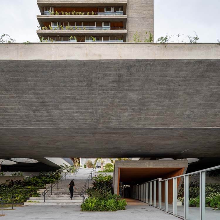 Modern architecture with concrete design and lush greenery.